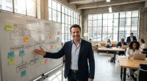 Entrepreneur français devant un tableau de stratégie business dans un espace de coworking moderne