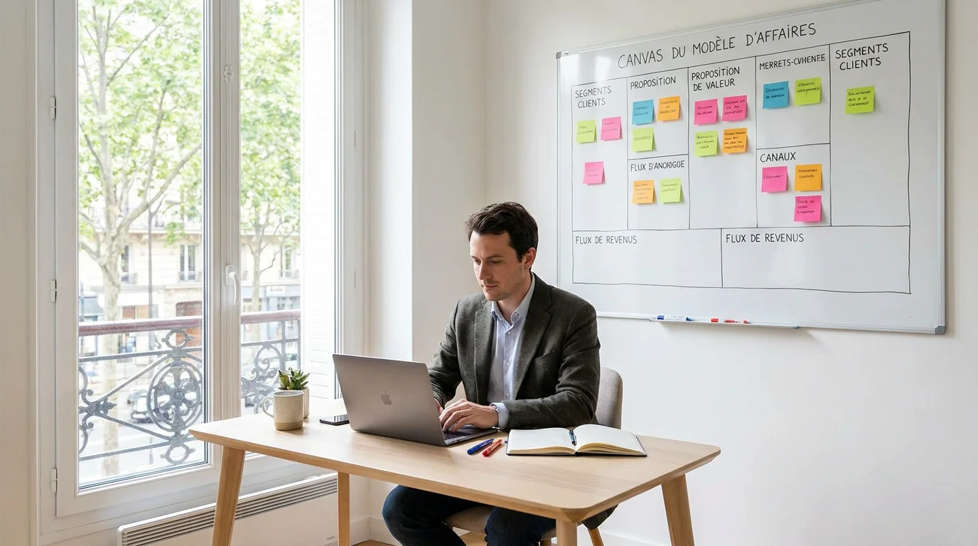 Entrepreneur français travaillant sur son modèle économique avec un business model canvas