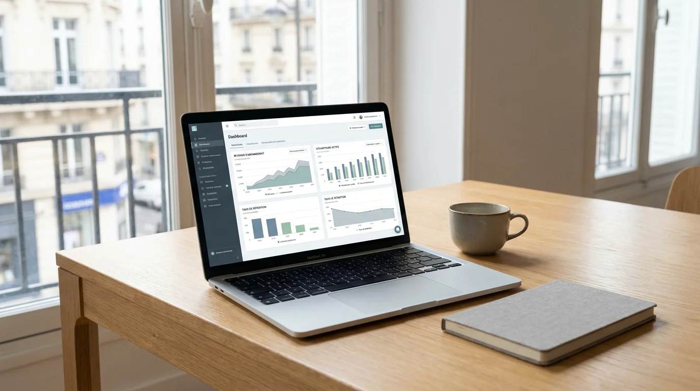 Tableau de bord SaaS avec métriques d'abonnement sur un bureau professionnel