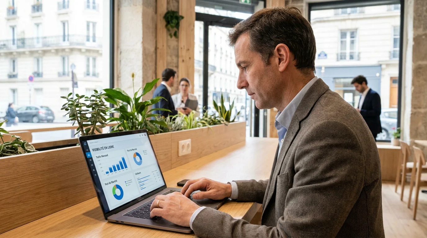 Entrepreneur analysant un tableau de bord de visibilité GEO sur son ordinateur portable