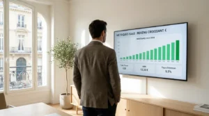 Fondateur SaaS bootstrappé français analysant ses métriques de revenu récurrent sur un écran