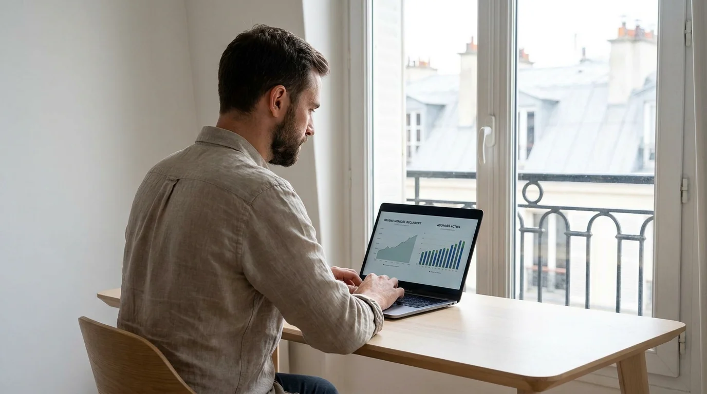 Fondateur SaaS français travaillant seul sur son produit bootstrappé depuis un bureau minimaliste