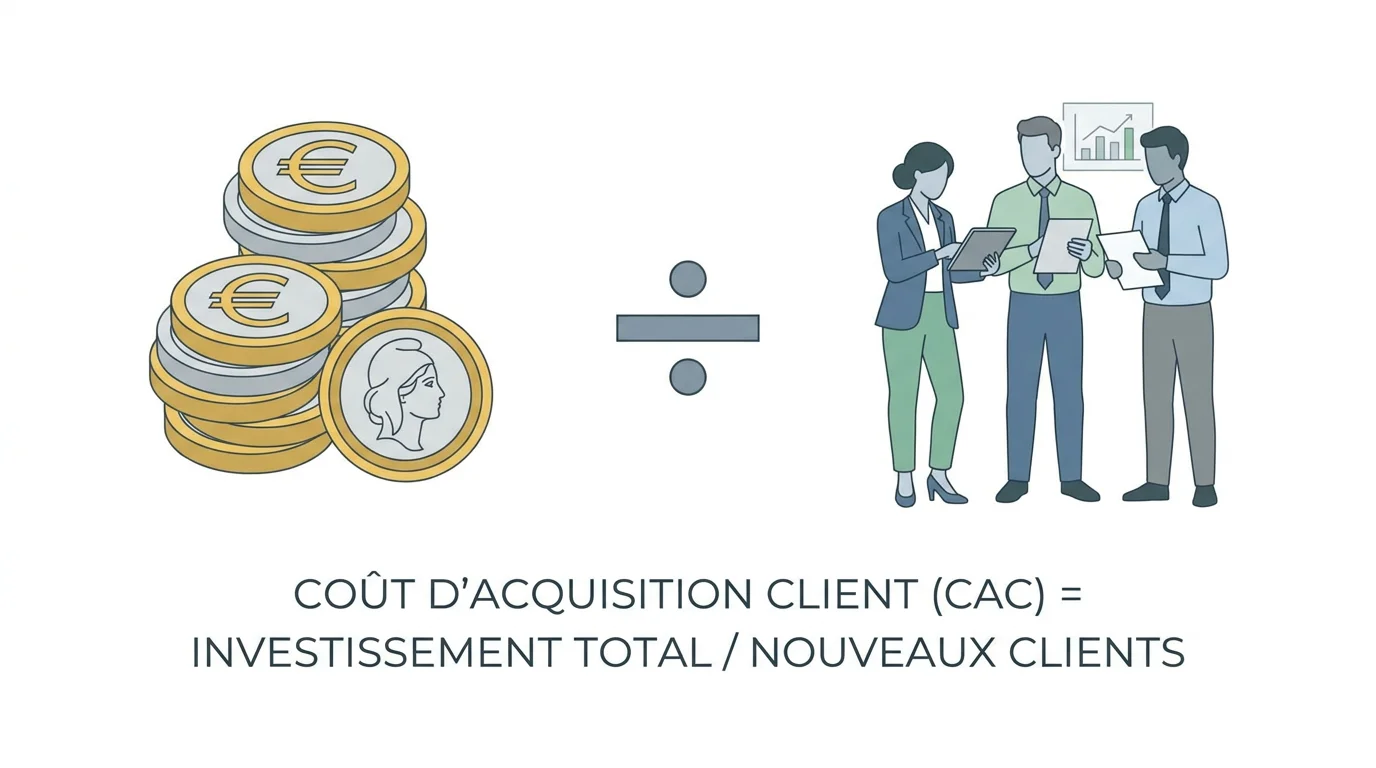 Illustration de la formule du CAC : coûts d'acquisition divisés par le nombre de nouveaux clients