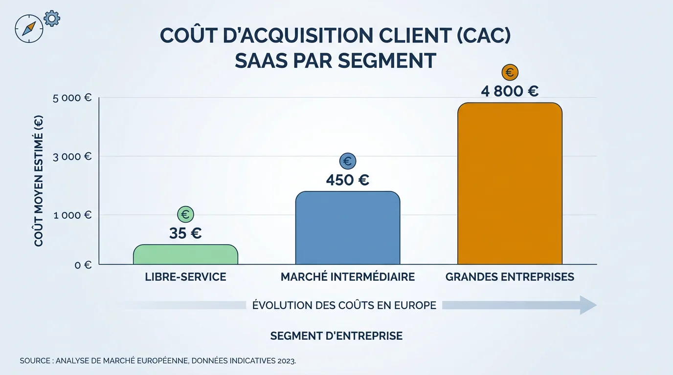 Graphique comparatif des benchmarks CAC en SaaS B2B par segment en 2026