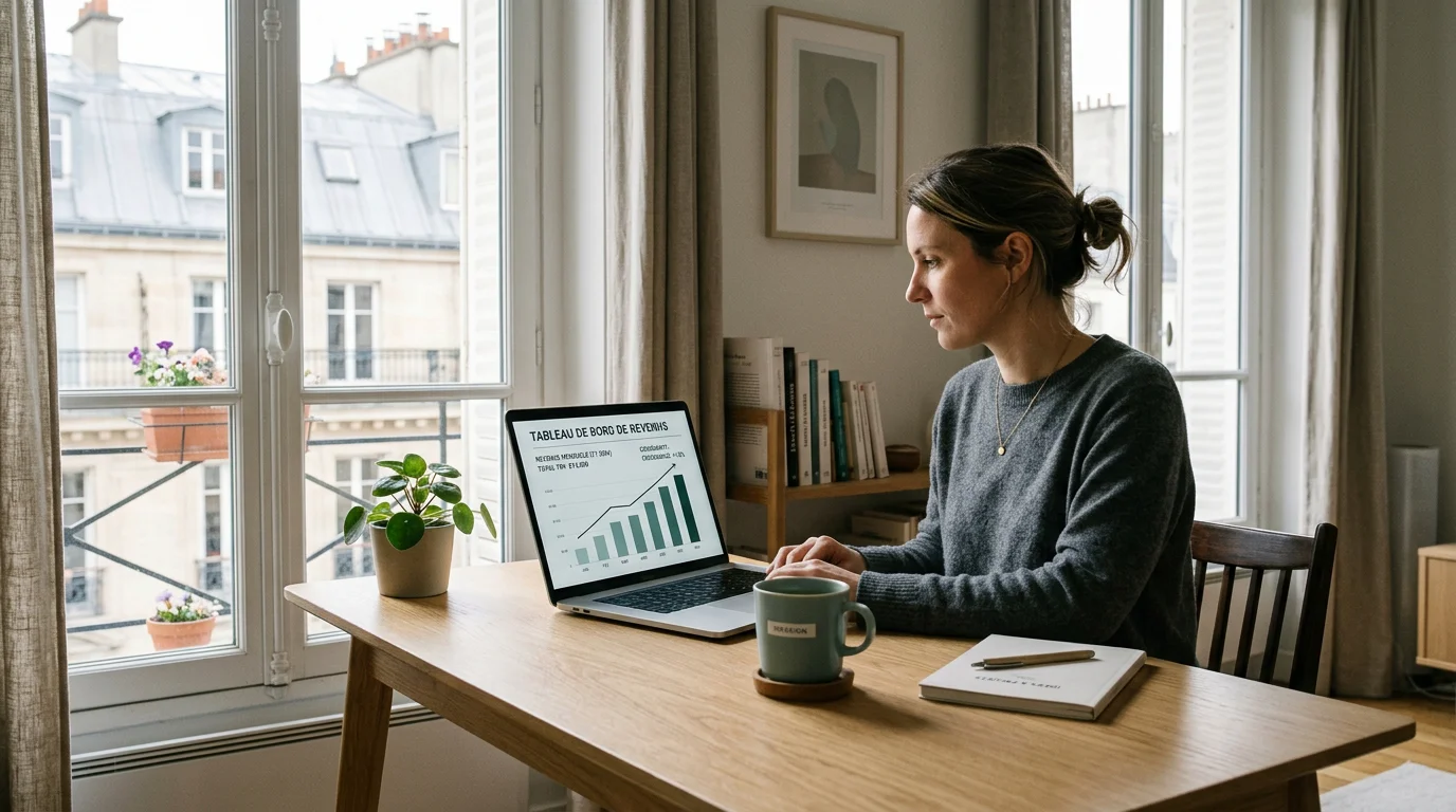 Fondateur européen bootstrappant son projet depuis un bureau lumineux