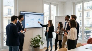 Équipe marketing européenne analysant des métriques de campagne d'influence B2B sur LinkedIn dans un bureau français
