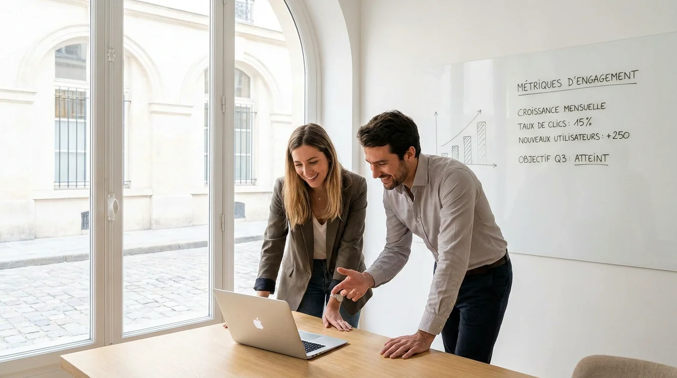 Deux professionnels européens collaborant dans un espace de coworking français pour une campagne d'influence B2B