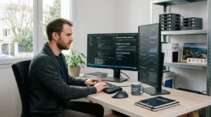 Développeur gérant une infrastructure de scraping dans un bureau à domicile