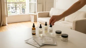 Sélection de produits cosmétiques coréens K-Beauty sur une surface épurée dans un intérieur français