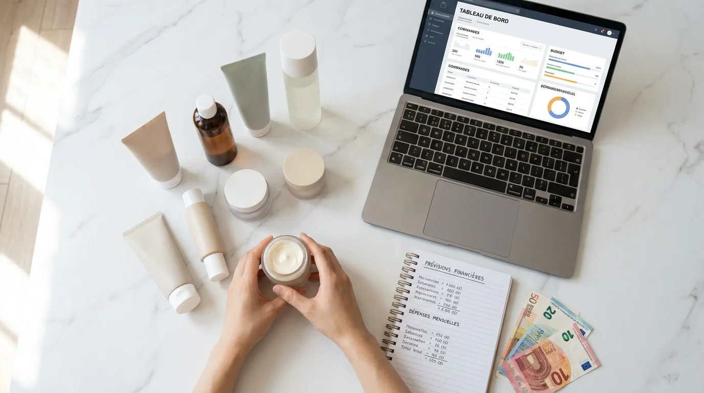 Produits cosmétiques coréens disposés à plat avec un ordinateur portable et des calculs de budget en euros