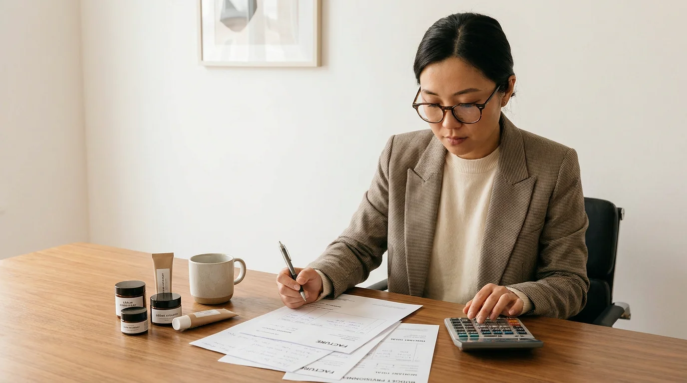 Entrepreneure asiatique calculant le budget de lancement de sa marque cosmétique coréenne