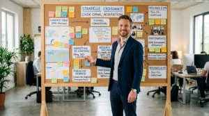Founder européen réfléchissant à sa stratégie de canal d'acquisition marketing