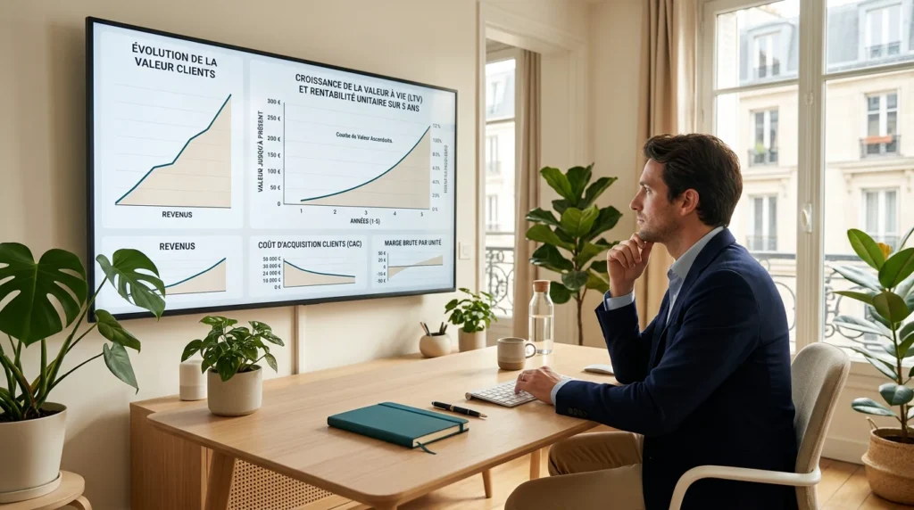 Fondateur analysant la courbe de valeur vie client sur un tableau de bord