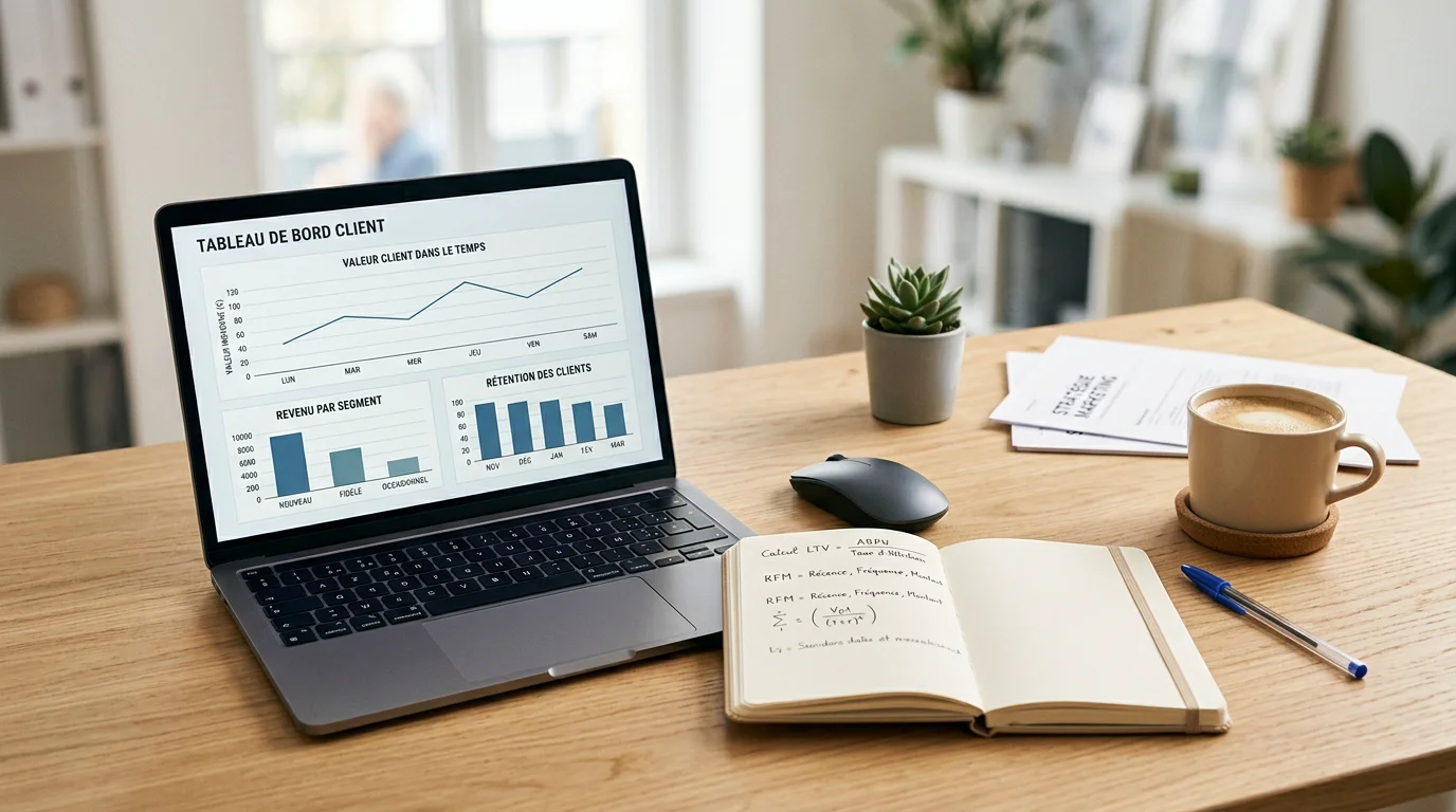 Bureau avec tableau de bord illustrant le calcul de la valeur vie client