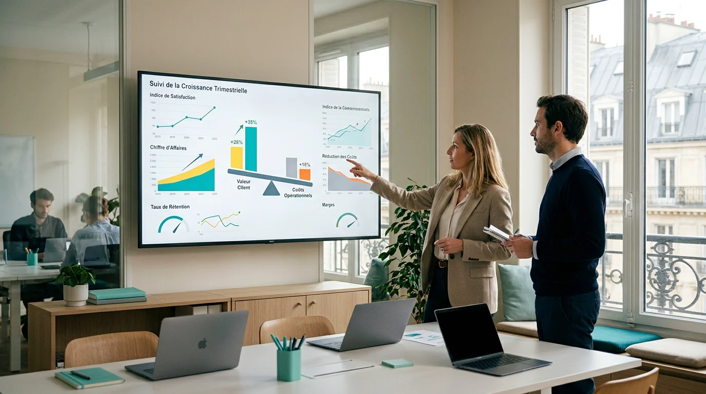 Deux fondateurs analysant le ratio entre valeur vie client et coût d'acquisition
