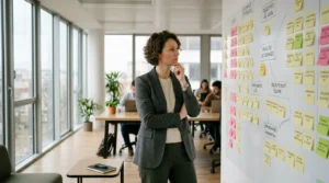 Un entrepreneur européen observe une stratégie de croissance affichée sur un mur de post-it