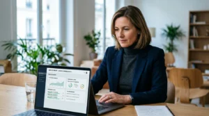 Équipe d'agence européenne comparant des outils de gestion client sur un ordinateur portable
