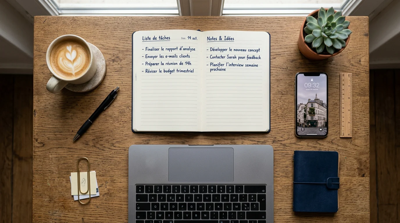 Bureau organisé avec carnet de check-lists pour choisir un outil de gestion client