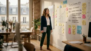 Fondateur de startup française devant un mur de post-it et de courbes de croissance