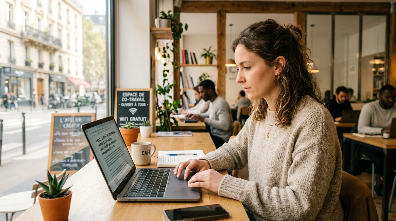 Fondateur français travaillant sur son ordinateur dans un espace de coworking