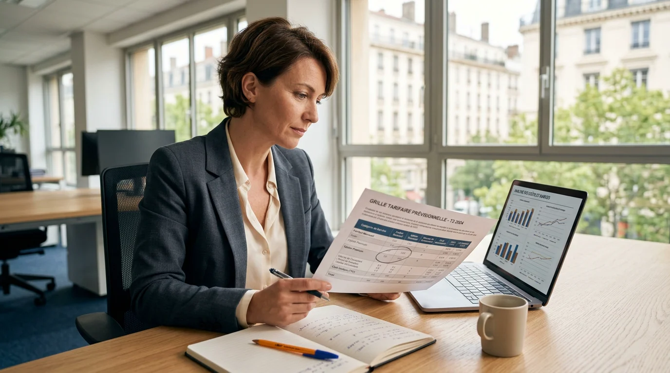 Consultant européen analysant une grille tarifaire d'agence IA sur un bureau
