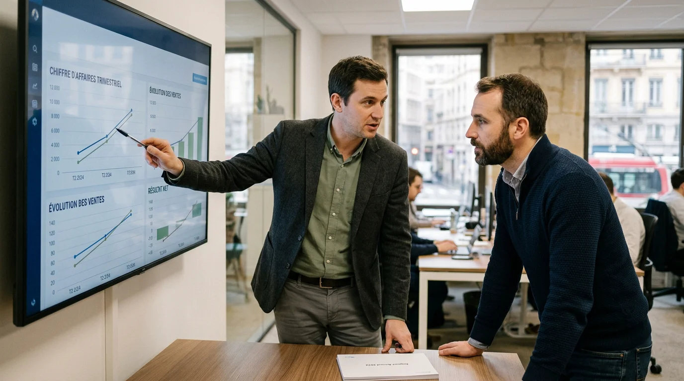 Deux entrepreneurs européens analysant une facturation au résultat d'agence IA