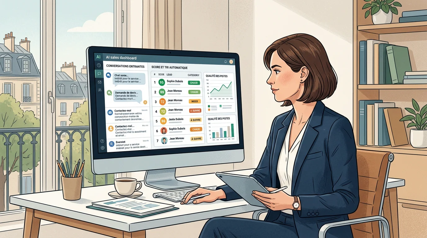 Un entrepreneur européen consulte un tableau de bord de qualification de leads par IA