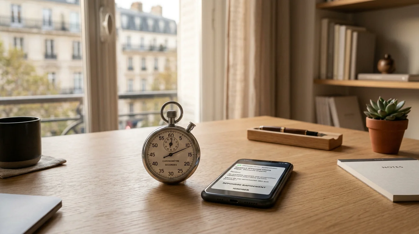 Chronomètre et smartphone illustrant la vitesse de réponse à un lead