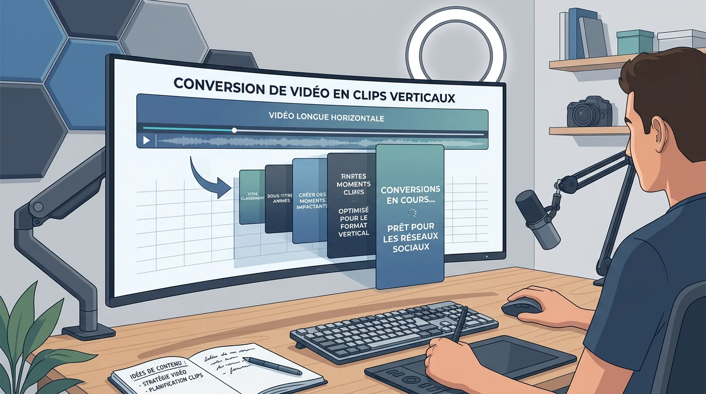 Schéma d'une vidéo longue découpée en plusieurs clips verticaux par une IA