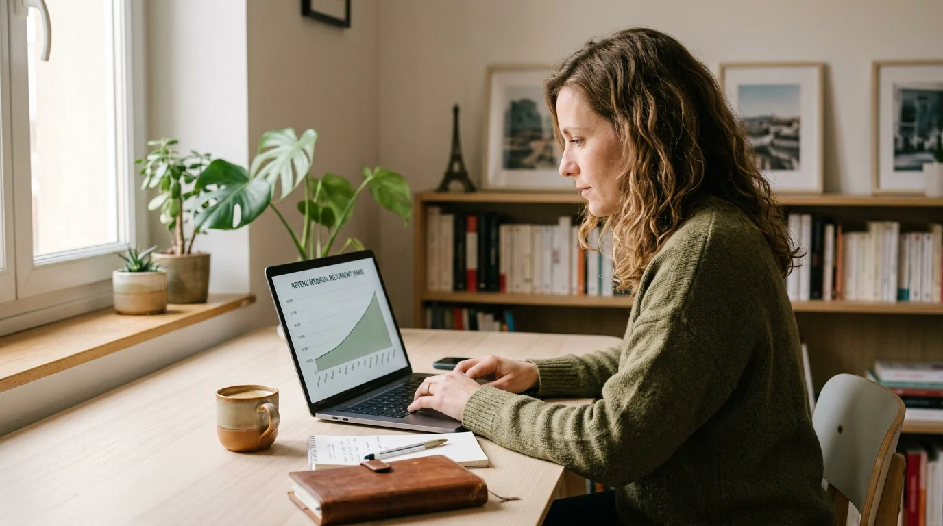 Freelance analysant ses revenus mensuels récurrents lissés grâce au forfait
