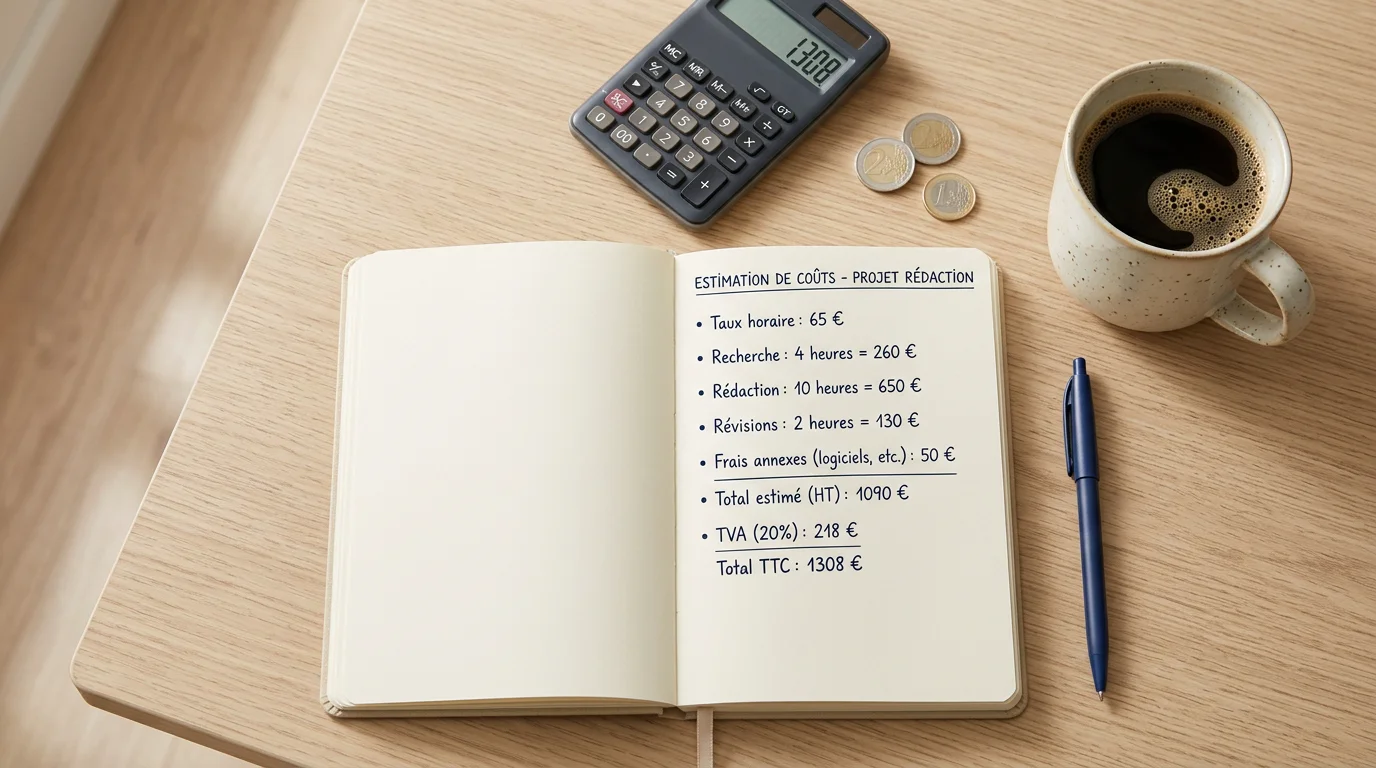 Bureau avec calculatrice et carnet pour chiffrer un forfait freelance sans se sous-évaluer