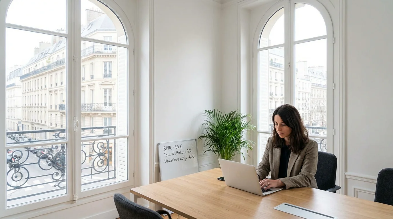 Entrepreneur solo travaillant sur son micro SaaS dans un bureau lumineux en France