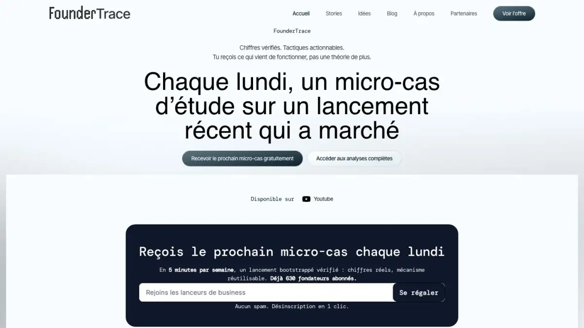 Capture de la page d’accueil de FOUNDER TRACE